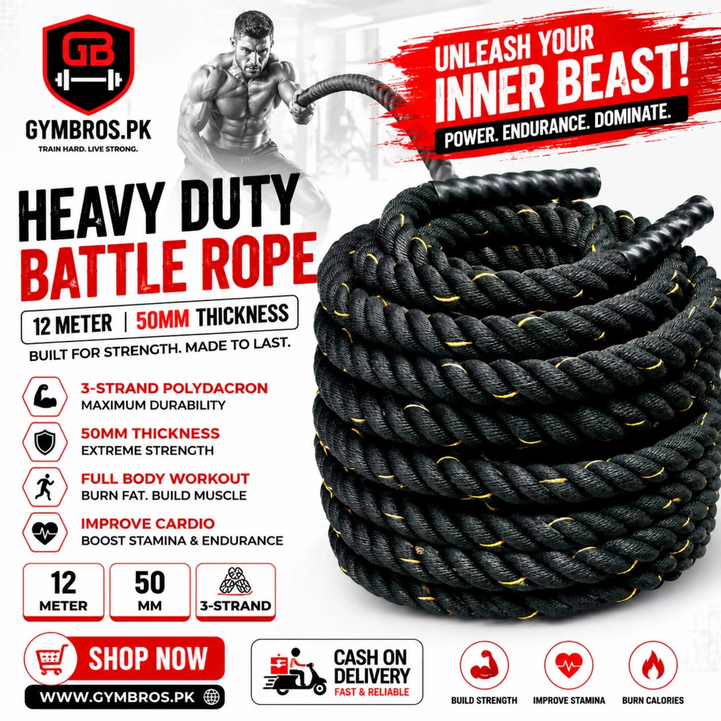 Heavy Duty Battle Rope 9 Meter & 12 Meter with 38MM & 50MM Thickness | 3-Strand PolyDacron CrossFit Strength Training Rope for Cardio & Full Body Workout