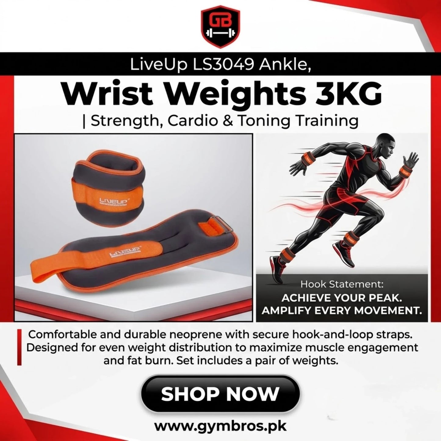 LiveUp LS3049 Ankle & Wrist Weights 0.5–3 KG Pair | Adjustable Resistance Weights for Strength Training, Cardio, Walking & Muscle Toning