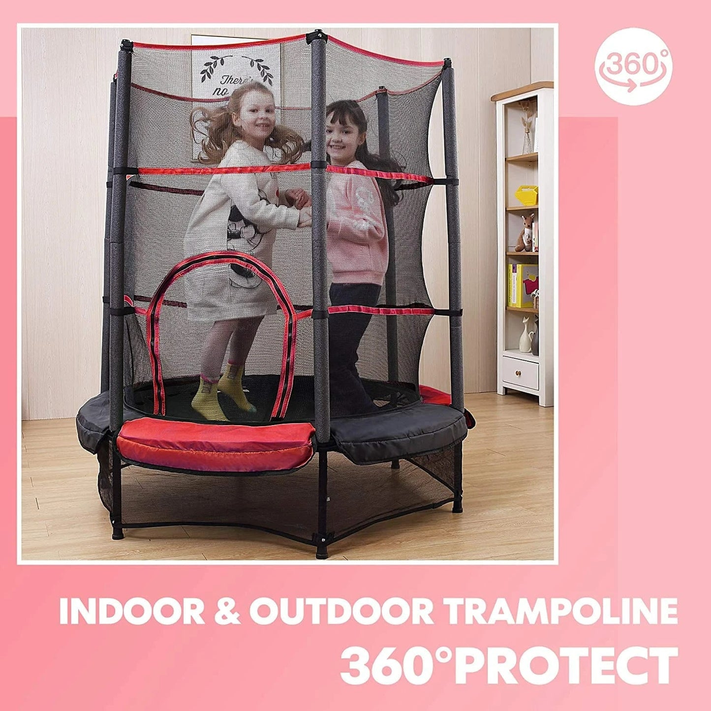 55 Inch Kids Trampoline with Safety Net Enclosure | 4.5ft Mini Indoor & Outdoor Trampoline for Children (Age 2–6), Weight Capacity: Up to 45–50 kg (100–110 lbs), Galvanized Steel Frame, Foam Padding & Zipper Door Safety Jumping Bed