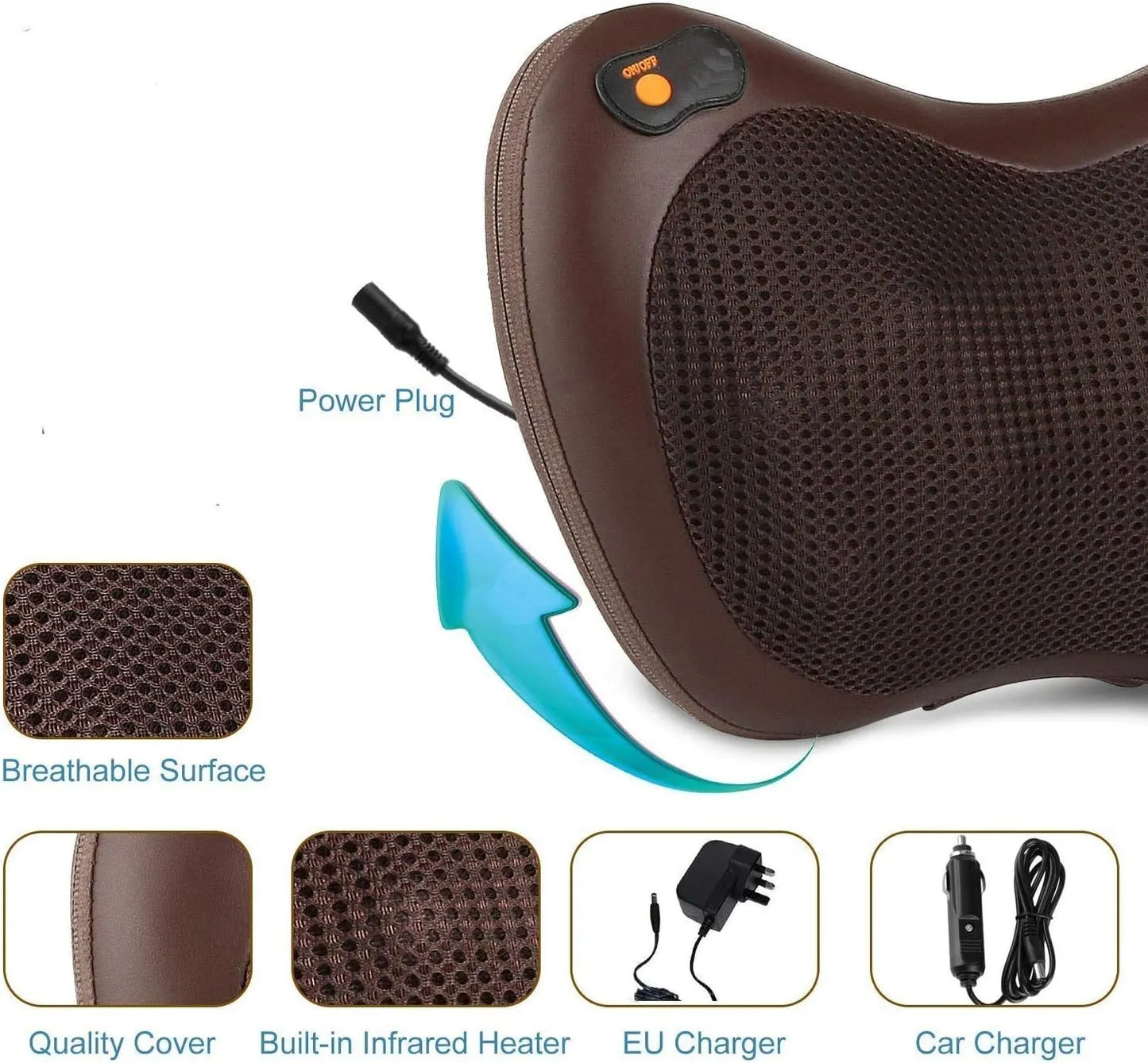 Car Massage Pillow Electric Shiatsu Massager – 4D Rotating Nodes, Heat Function (45°C), 3 Speed Levels, Neck Back Shoulder Body Pain Relief Cushion for Home & Car Use