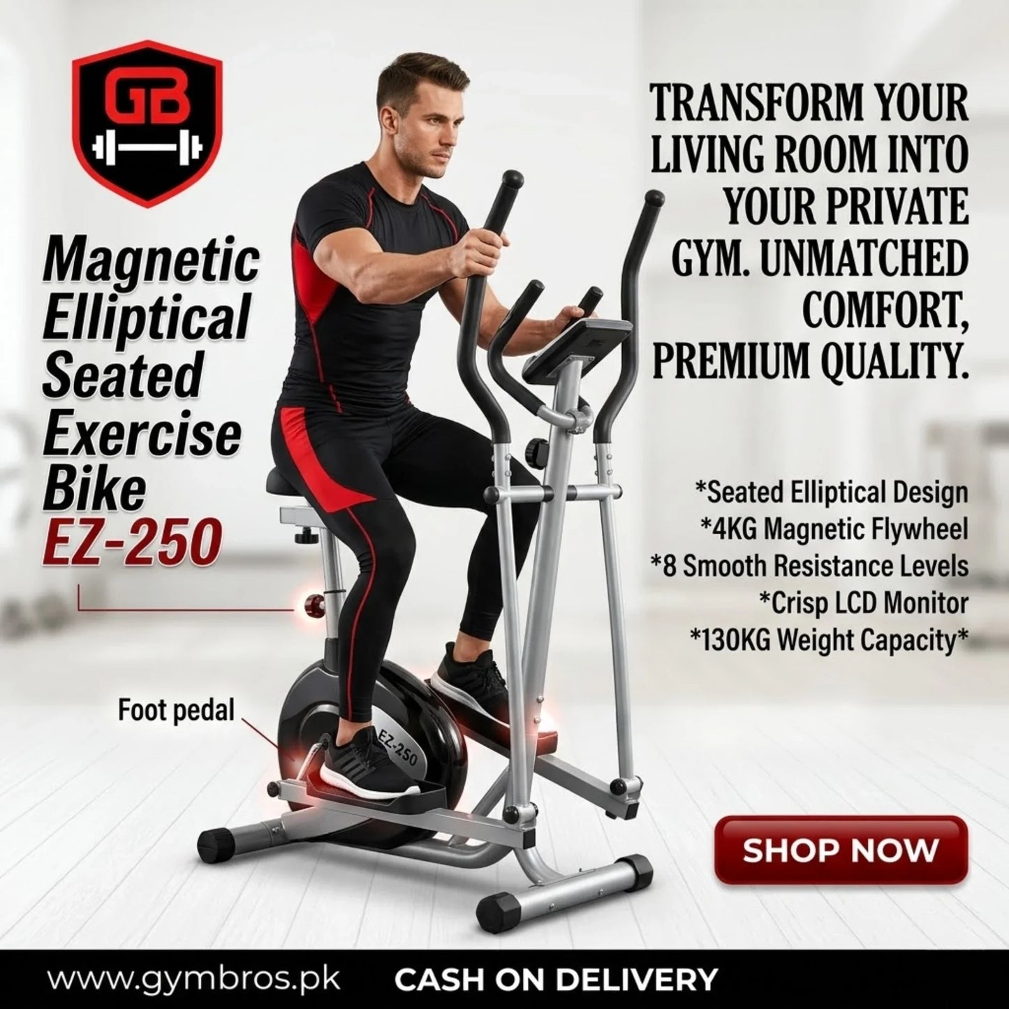 Magnetic Elliptical Seated Exercise Bike EZ-250 | Seated Elliptical Exercise Bike with 4KG Flywheel, 8 Resistance Levels, LCD Monitor & 130KG Weight Capacity