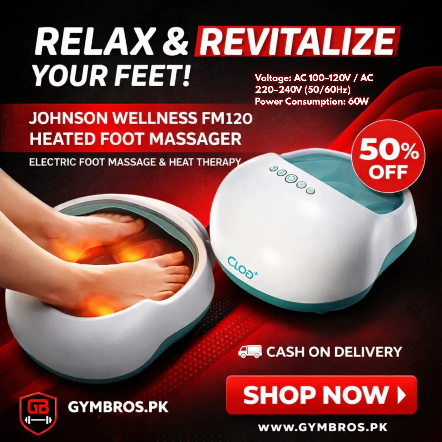 Johnson Wellness FM120 Heated Foot Massager | Voltage: AC 100–120V / AC 220–240V (50/60Hz), Kneading & Air Compression Foot Massager with Heat Therapy for Pain Relief & Reflexology