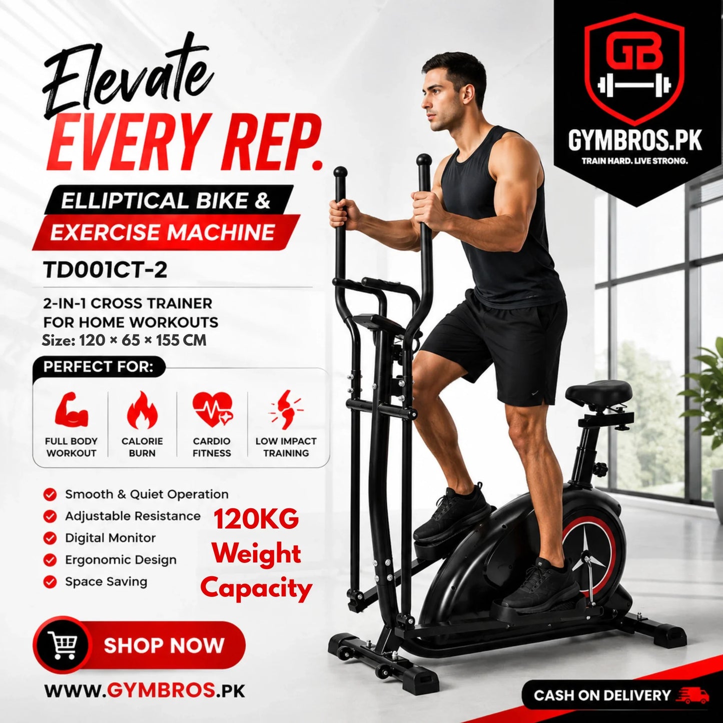 Elliptical Bike Cross Trainer TD001CT-2 | 2-in-1 Cross Trainer & Elliptical Bike with Magnetic Resistance, Rear Wheel Drive, 120KG Capacity, 120×65×155CM