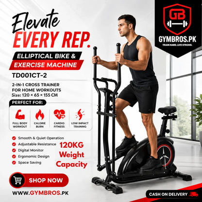 Elliptical Bike Cross Trainer TD001CT-2 | 2-in-1 Cross Trainer & Elliptical Bike with Magnetic Resistance, Rear Wheel Drive, 120KG Capacity, 120×65×155CM