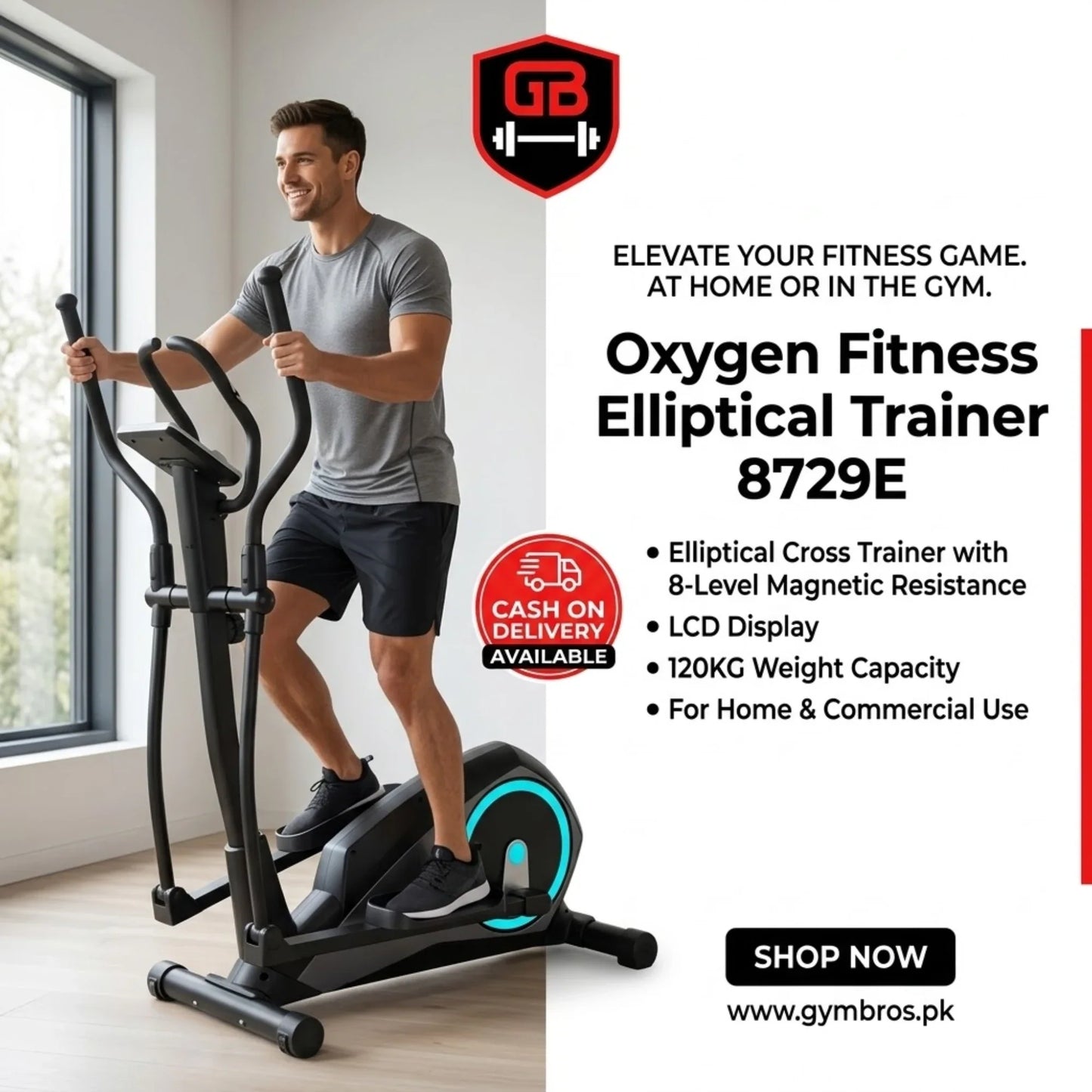 Oxygen Fitness Elliptical Trainer 8729E | Elliptical Cross Trainer with 8-Level Magnetic Resistance, LCD Display & 120KG+ Weight Capacity for Home & Commercial Use