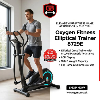 Oxygen Fitness Elliptical Trainer 8729E | Elliptical Cross Trainer with 8-Level Magnetic Resistance, LCD Display & 120KG+ Weight Capacity for Home & Commercial Use