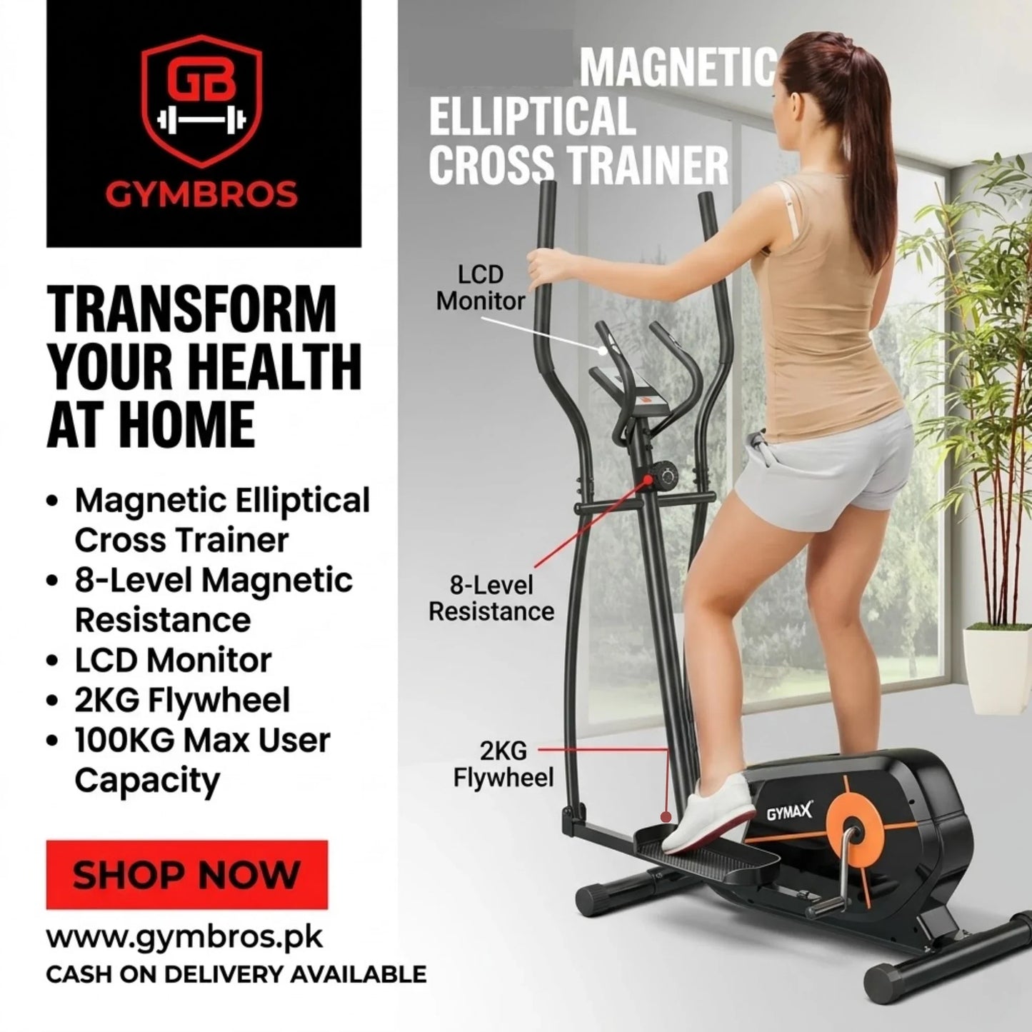 Magnetic Elliptical Cross Trainer | Elliptical Exercise Machine with 8-Level Magnetic Resistance, LCD Monitor, 2KG Flywheel & 100KG User Capacity