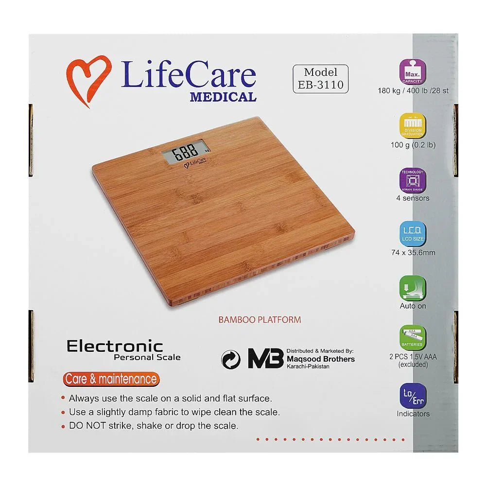 LifeCare Digital Weight Scale Model 3110 | High-Precision Electronic Body Weighing Machine with Bamboo Platform, 180kg Capacity, LCD Display & Auto On/Off