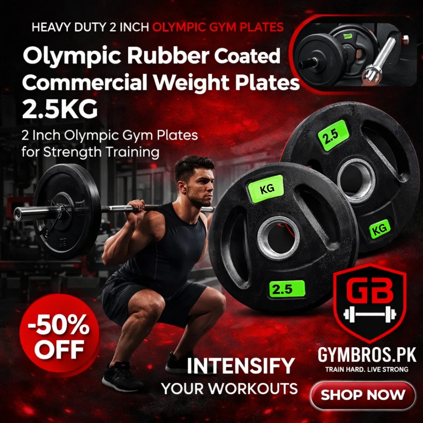 Olympic Rubber Coated Commercial Weight Plates (2.5–20 KG) – 2 Inch Olympic Gym Plates for Strength Training