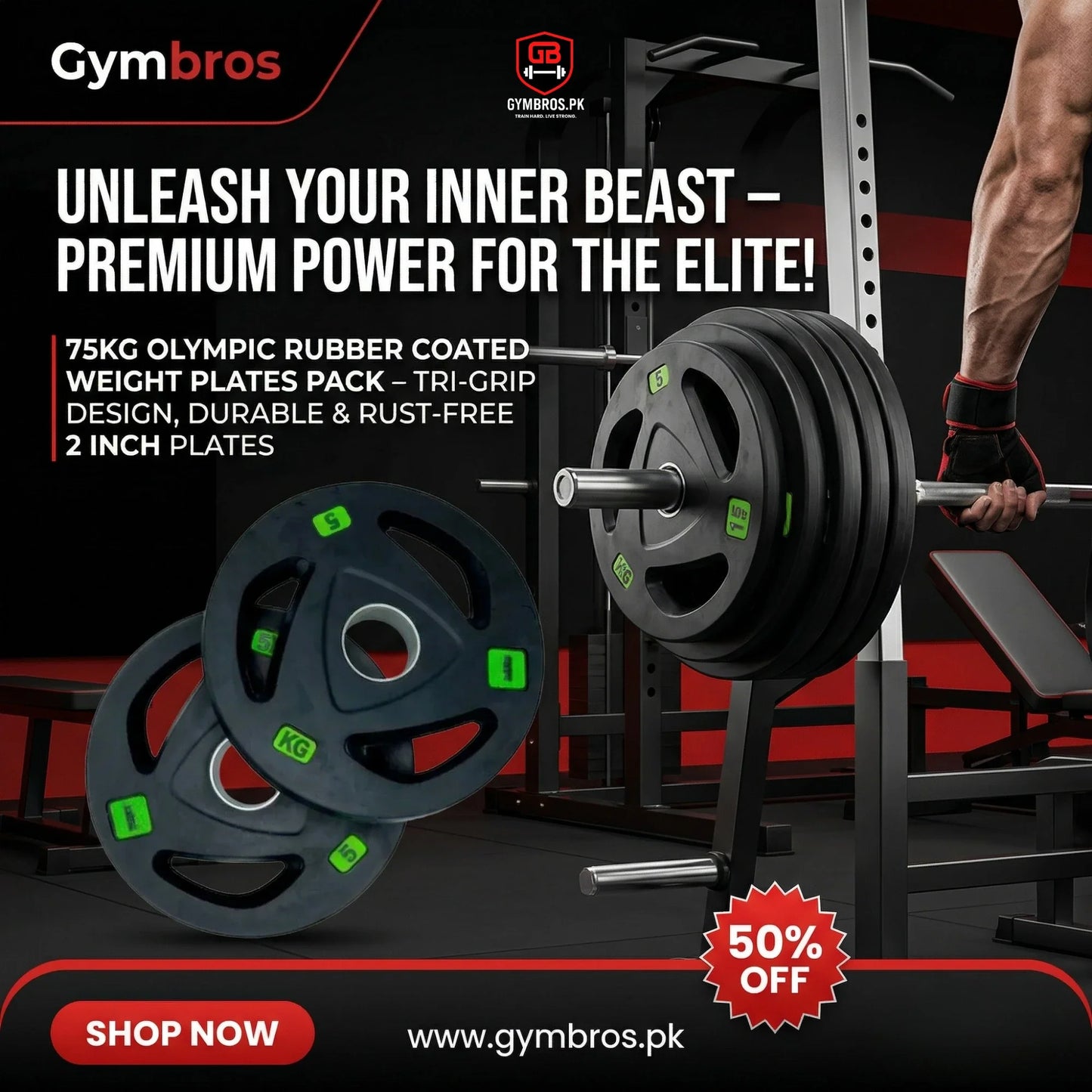 75KG Olympic Rubber Coated Weight Plates Pack – Tri-Grip Design, Durable & Rust-Free 2 Inch Plates
