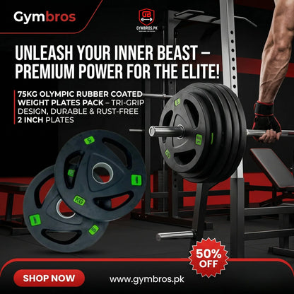 75KG Olympic Rubber Coated Weight Plates Pack – Tri-Grip Design, Durable & Rust-Free 2 Inch Plates