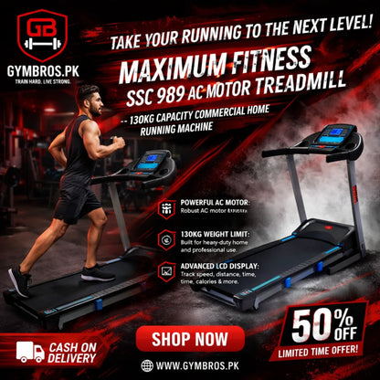 Maximum Fitness SSC 989 AC Motor Treadmill | AC 2.5HP Motorized Treadmill with 450×1400MM Running Area, 1–18 KM/H Speed, 15% Motor Incline & 130KG Capacity