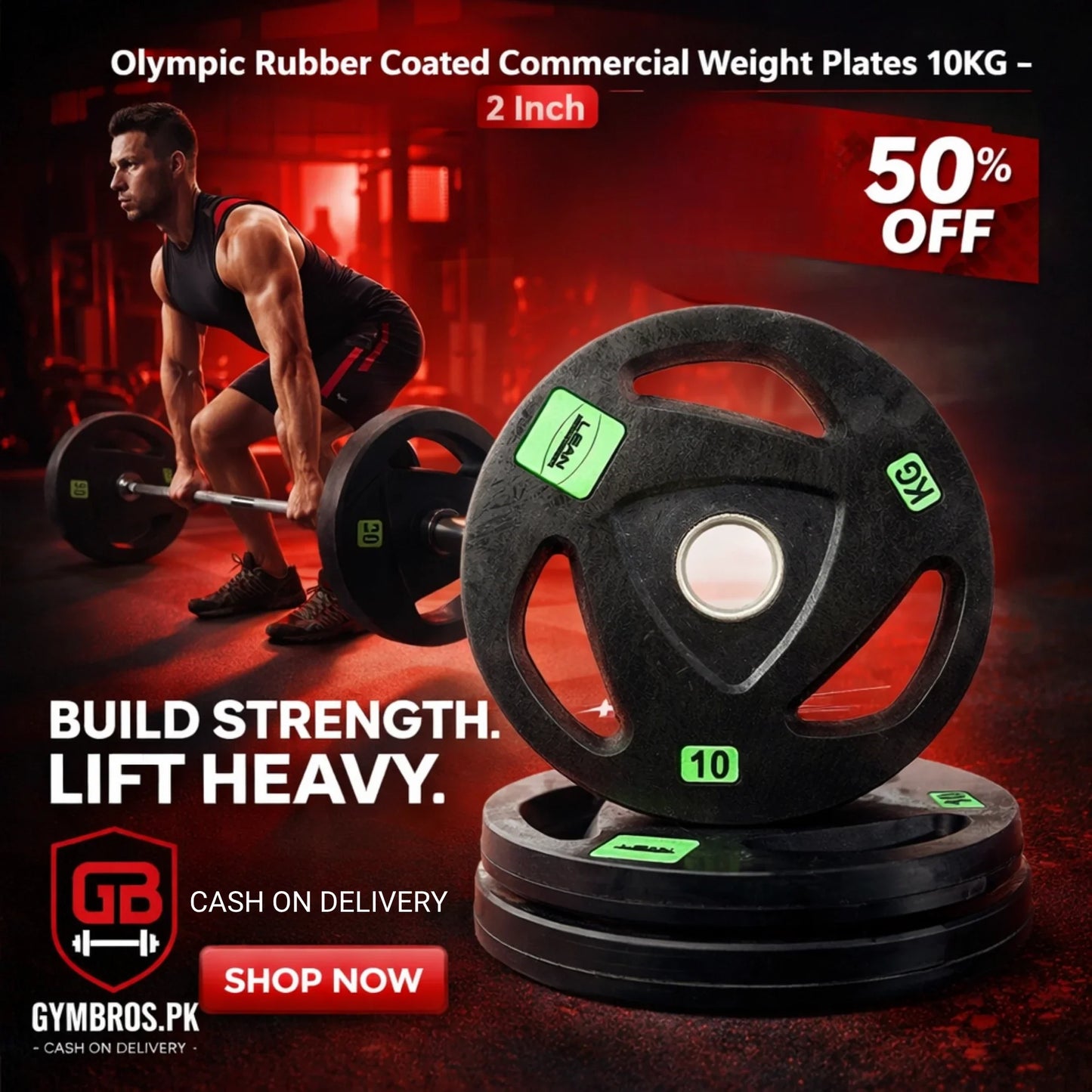Olympic Rubber Coated Commercial Weight Plates (2.5–20 KG) – 2 Inch Olympic Gym Plates for Strength Training