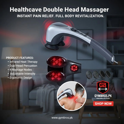 Double Head Full Body Massager, 20W, AC 220–240V, Far Infrared Heating, Dual Massage Heads, Stepless Speed Control, Tapping Massage, 1.5m Power Cord, 42 x 14.5 x 14 cm, Electric Massager for Neck, Back, Shoulder Pain Relief, Deep Tissue Relaxation