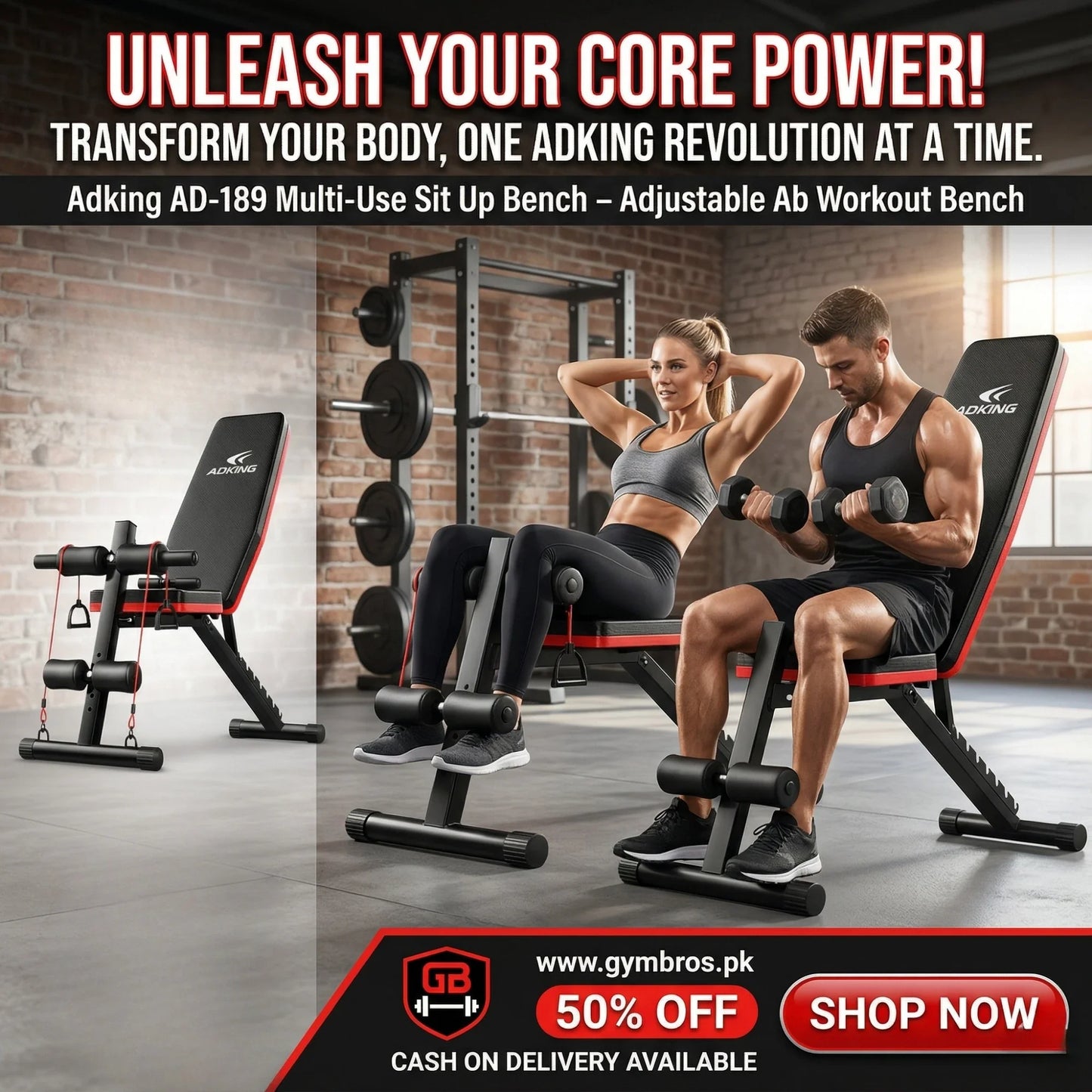 Adking AD-189 Adjustable Weight Bench for Home Gym – Foldable Multi-Purpose Workout Bench | Incline, Decline, & Flat Sit-Up Bench for Full Body Strength Training