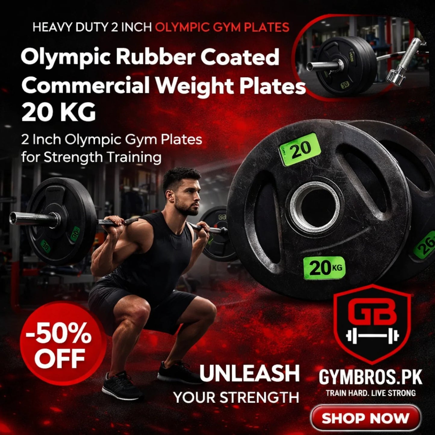 Olympic Rubber Coated Commercial Weight Plates (2.5–20 KG) – 2 Inch Olympic Gym Plates for Strength Training