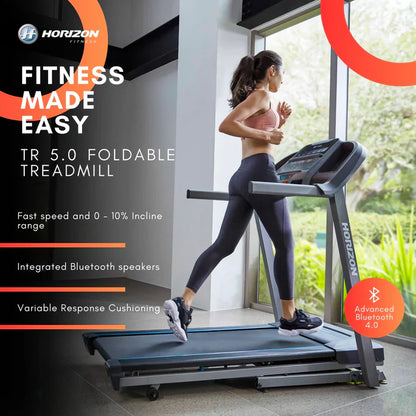 HORIZON TR5.0 Foldable Treadmill with 2.0HP DC Motor, 3 LED Windows, RATING: 220-240 V- / 7A, 0–16 KPH Speed, 0–10% Incline, Bluetooth Speakers, 35 Workout Programs & 113KG Capacity Home Cardio Running Machine