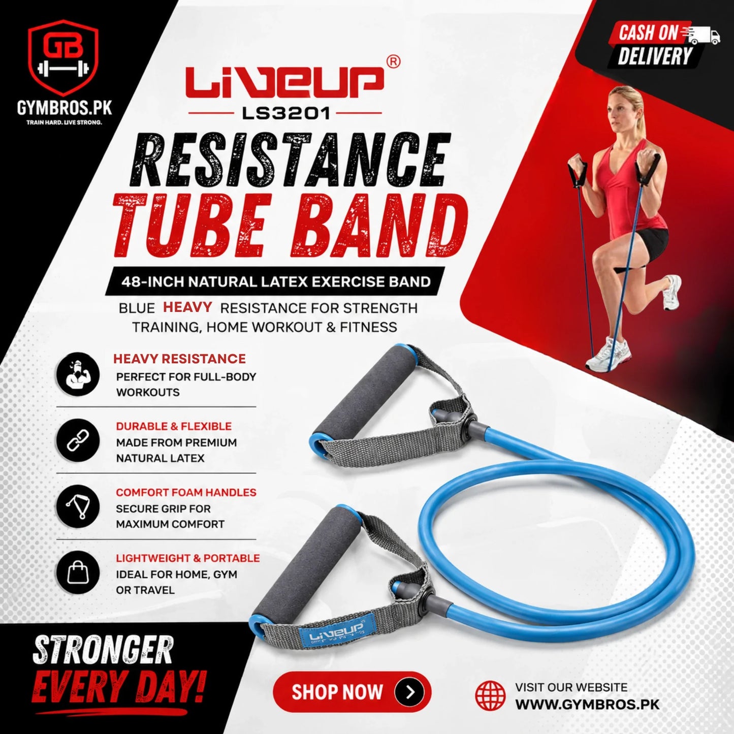 Liveup LS3201 Resistance Tube Band 48-Inch Natural Latex Exercise Band with Foam Handles | Light, Medium & Heavy Resistance for Strength Training, Home Workout & Fitness