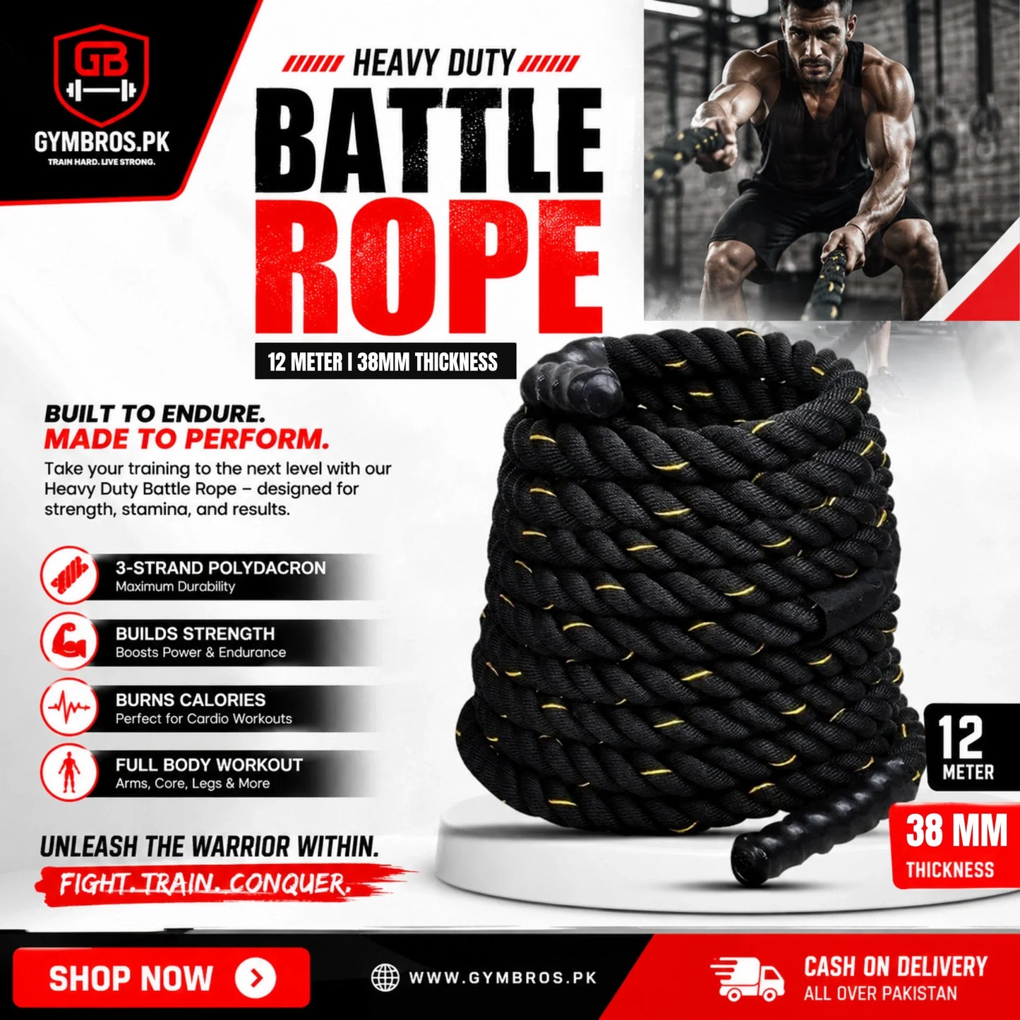 Heavy Duty Battle Rope 9 Meter & 12 Meter with 38MM & 50MM Thickness | 3-Strand PolyDacron CrossFit Strength Training Rope for Cardio & Full Body Workout