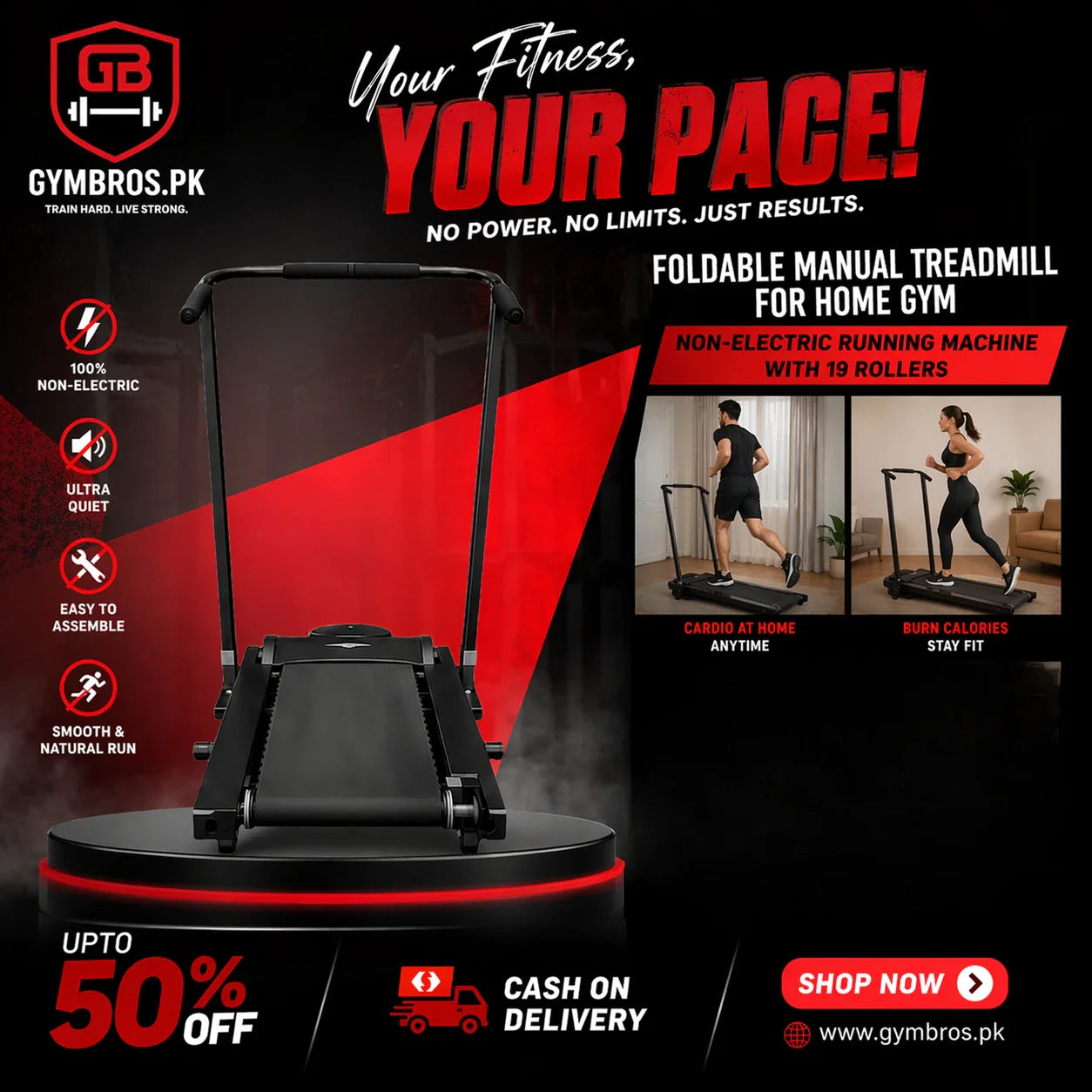 Foldable Manual Treadmill for Home Gym – Non-Electric Running Machine with 19 Rollers