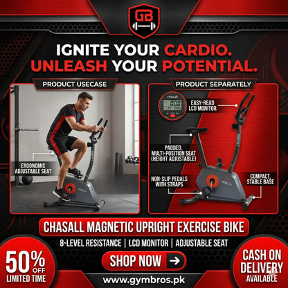 Chasall Magnetic Upright Exercise Bike – 8-Level Resistance with LCD Monitor & Adjustable Seat