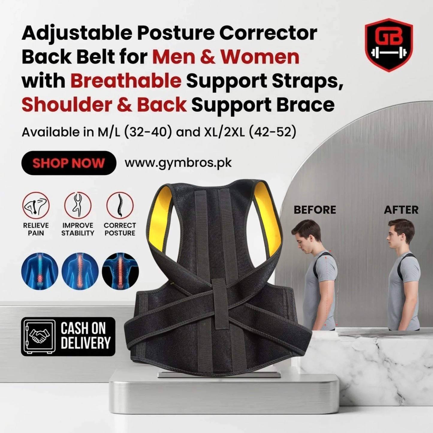 Adjustable Posture Corrector Back Belt for Men & Women with Breathable Support Straps, Shoulder & Back Support Brace Available in M/L (32–40) and XL/2XL (42–52) Sizes