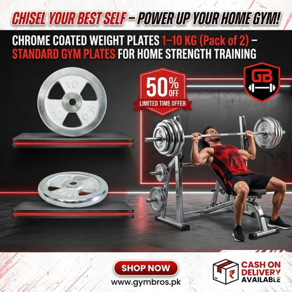 Chrome Coated Weight Plates 1–10KG Pair | Standard Gym Weight Plates with Rounded Edges, Durable Steel Finish & Easy Rod Adjustment for Home Strength Training