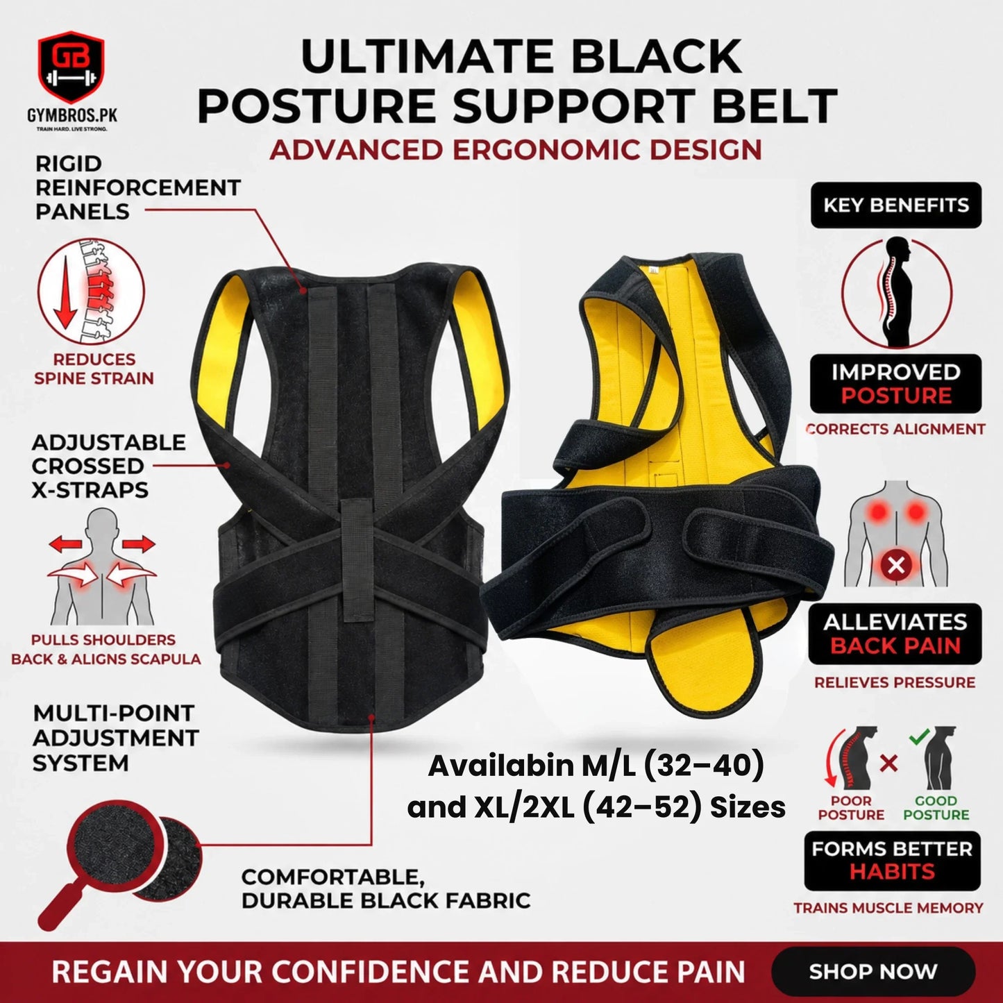 Adjustable Posture Corrector Back Belt for Men & Women with Breathable Support Straps, Shoulder & Back Support Brace Available in M/L (32–40) and XL/2XL (42–52) Sizes