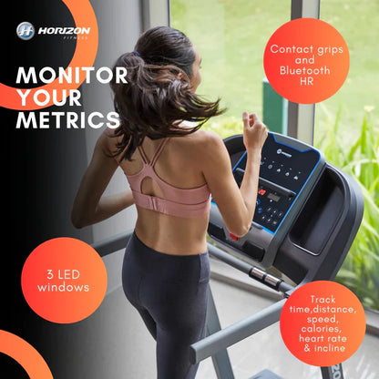 HORIZON TR5.0 Foldable Treadmill with 2.0HP DC Motor, 3 LED Windows, RATING: 220-240 V- / 7A, 0–16 KPH Speed, 0–10% Incline, Bluetooth Speakers, 35 Workout Programs & 113KG Capacity Home Cardio Running Machine