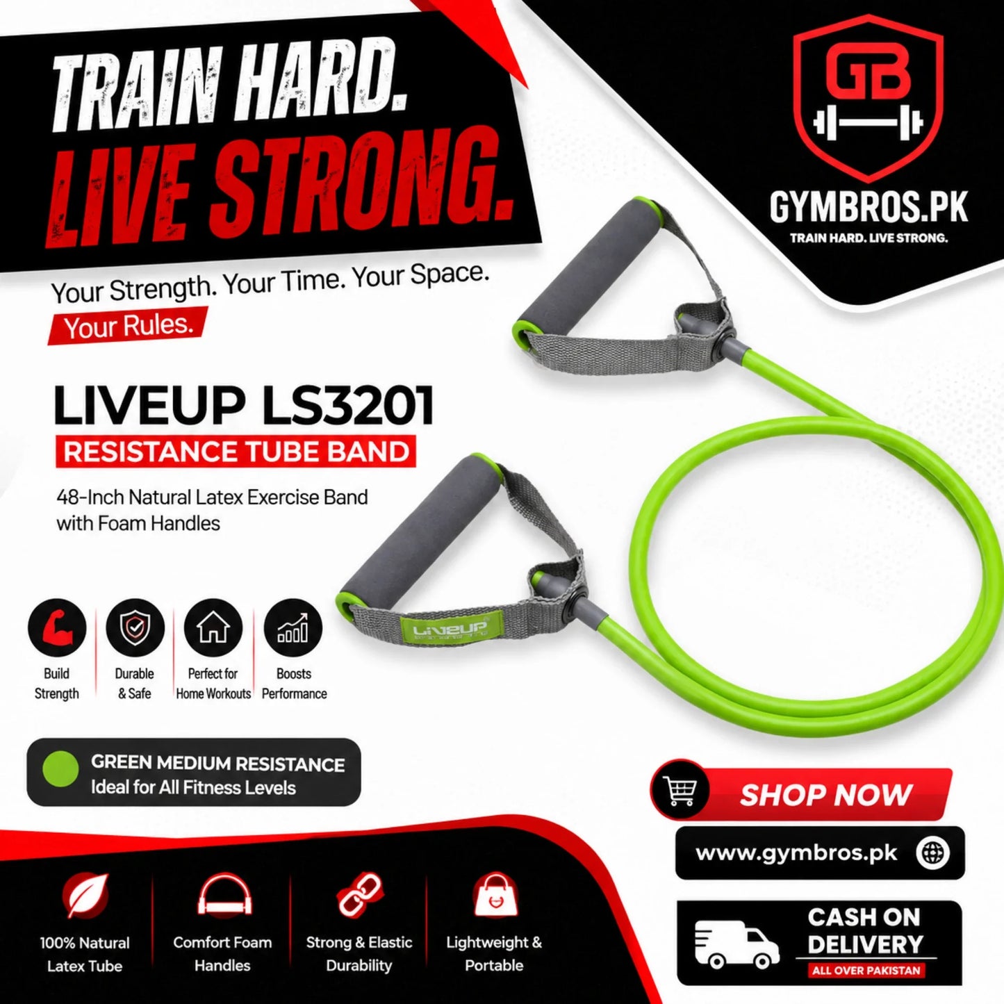 Liveup LS3201 Resistance Tube Band 48-Inch Natural Latex Exercise Band with Foam Handles | Light, Medium & Heavy Resistance for Strength Training, Home Workout & Fitness