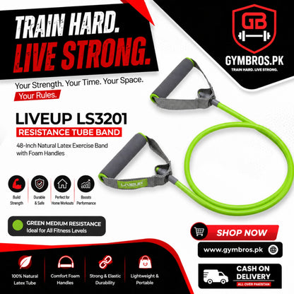 Liveup LS3201 Resistance Tube Band 48-Inch Natural Latex Exercise Band with Foam Handles | Light, Medium & Heavy Resistance for Strength Training, Home Workout & Fitness