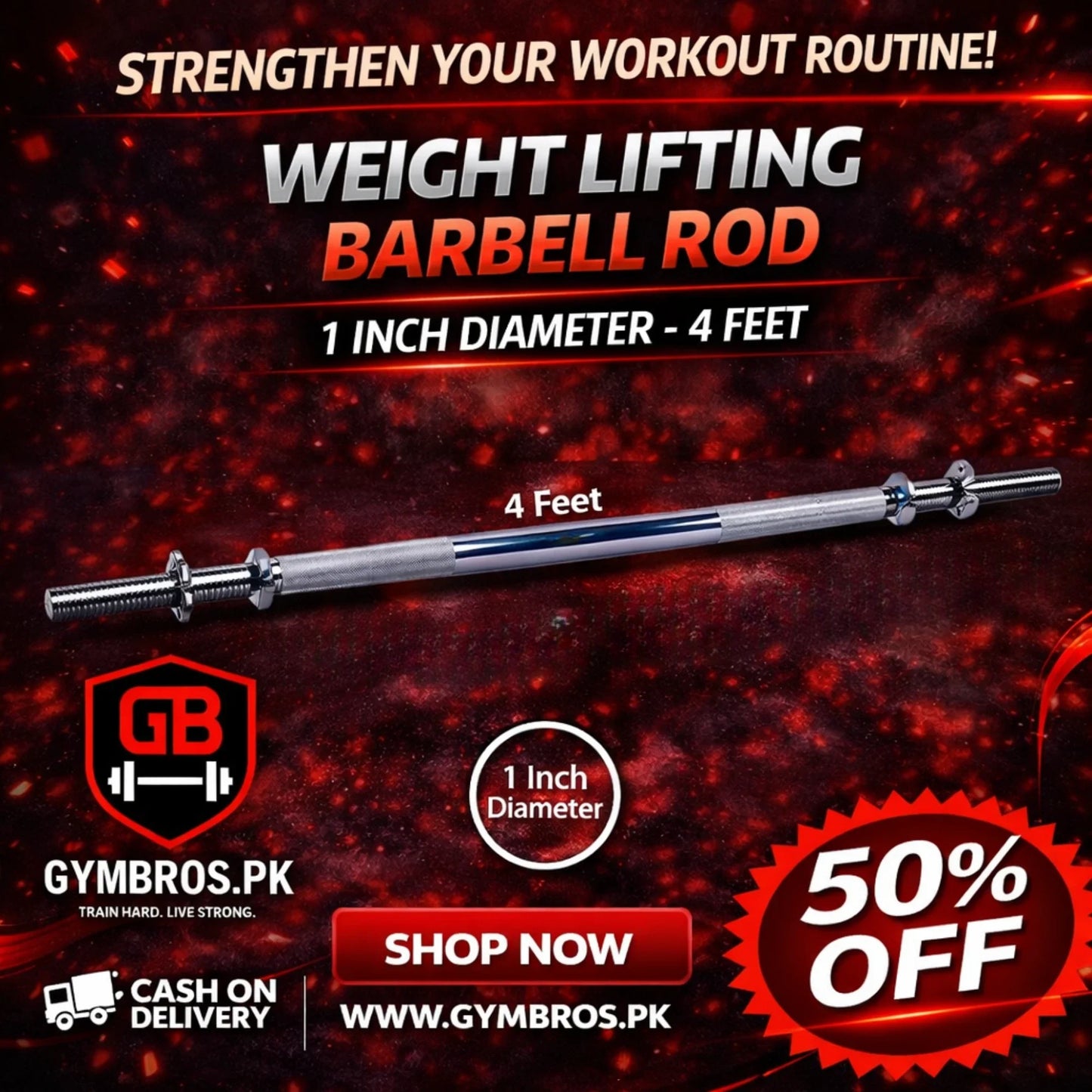 Iron Steel Barbell Rod (3ft, 4ft, 5ft, 6ft) | 1-Inch Chrome Finish Solid Weight Lifting Bar with Diamond Knurled Grip, Spinlock Collars for Home & Gym