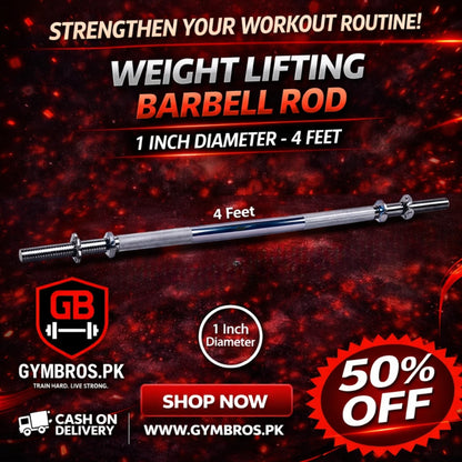 Iron Steel Barbell Rod (3ft, 4ft, 5ft, 6ft) | 1-Inch Chrome Finish Solid Weight Lifting Bar with Diamond Knurled Grip, Spinlock Collars for Home & Gym