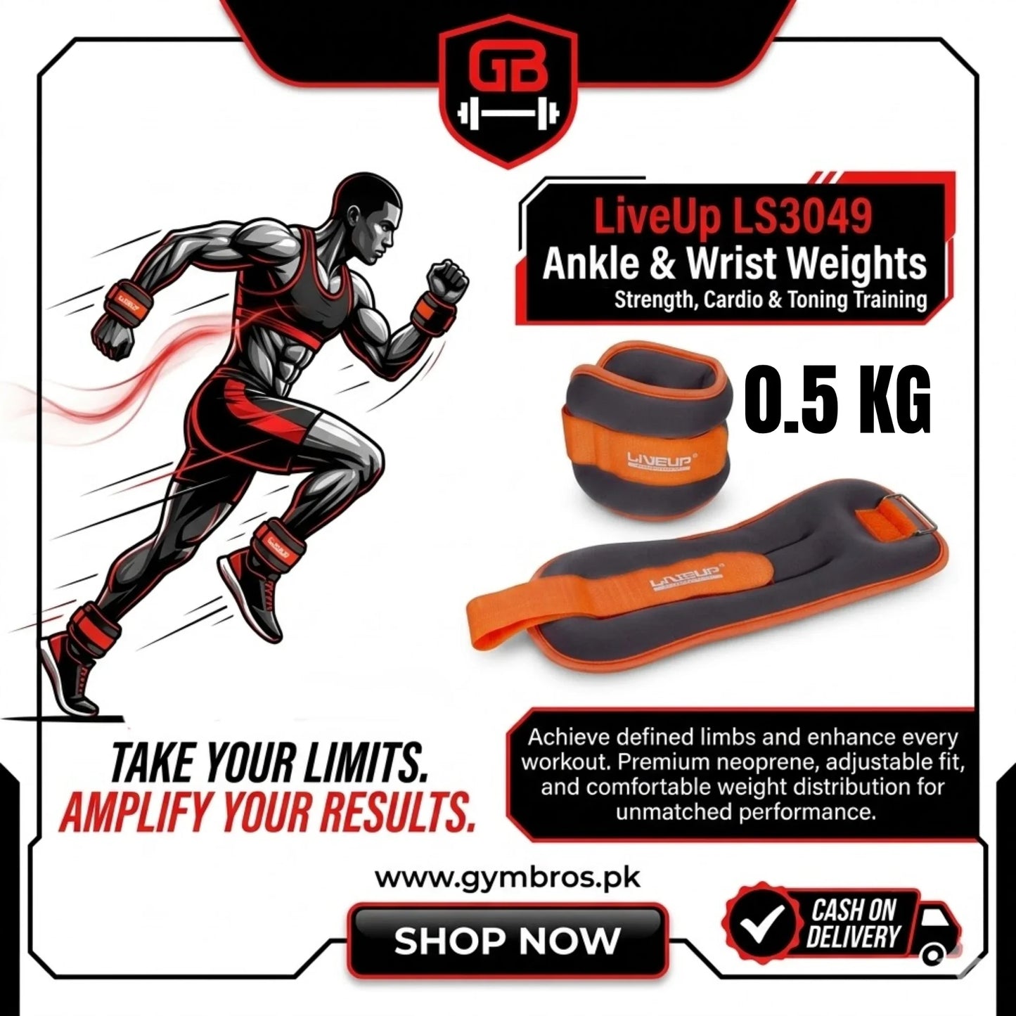 LiveUp LS3049 Ankle & Wrist Weights 0.5–3 KG Pair | Adjustable Resistance Weights for Strength Training, Cardio, Walking & Muscle Toning