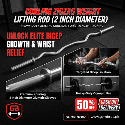2 Inch Diameter EZ Curl Barbell Rod | Heavy-Duty 2-Inch EZ Curl Barbell Rod with Knurled Grip, Approximate Bar Weight: 4–6KG, Chrome Steel Zigzag Weight Lifting Bar – Supports Up to 100KG