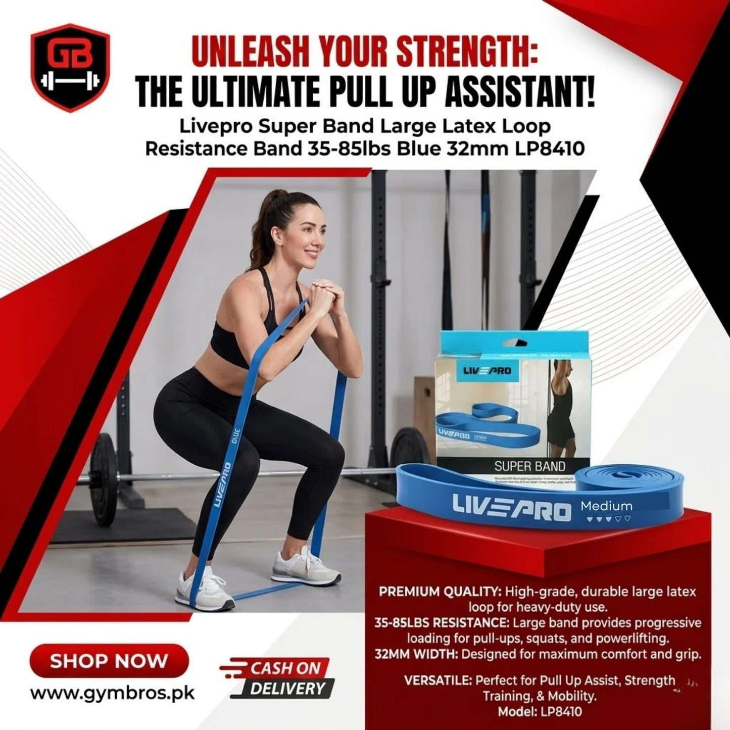 Livepro Super Band Large Latex Loop Resistance Band 35-85lbs Blue 32mm LP8410 | Pull Up Assist, Strength Training & Mobility Band