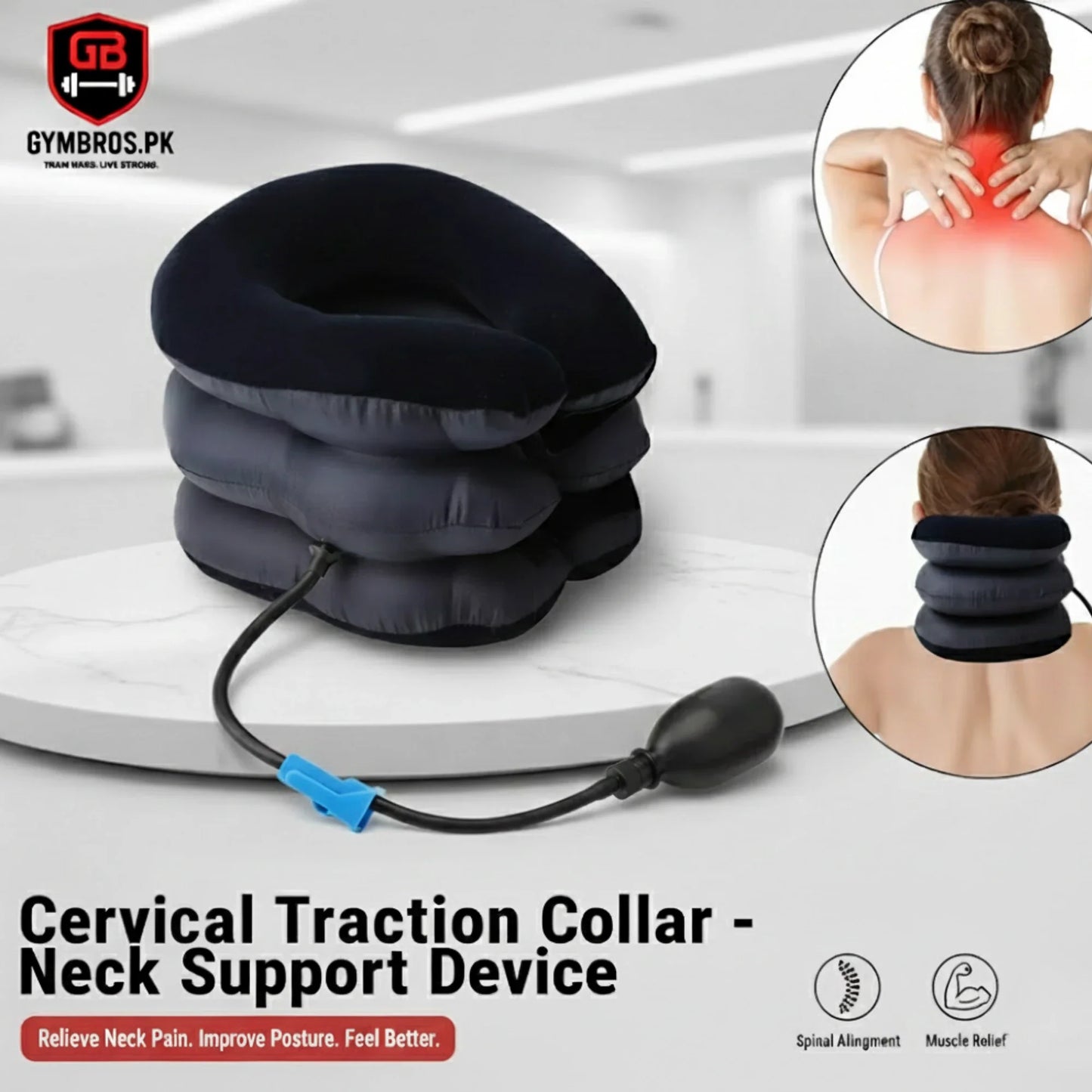 Inflatable Cervical Neck Traction Device with 3-Layer Adjustable Air Support, Soft Flocked Fabric, Manual Air Pump & Universal Adjustable Strap for Neck Pain Relief, Posture Correction & Cervical Support
