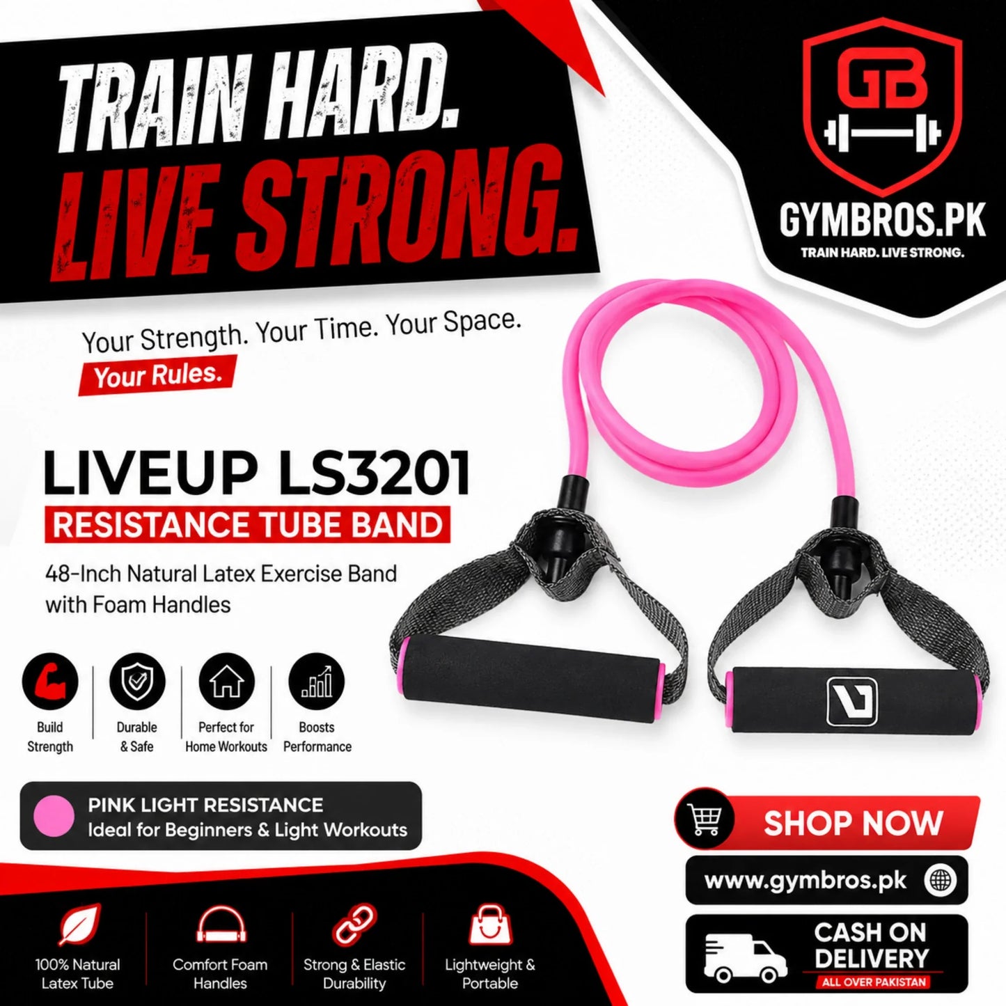 Liveup LS3201 Resistance Tube Band 48-Inch Natural Latex Exercise Band with Foam Handles | Light, Medium & Heavy Resistance for Strength Training, Home Workout & Fitness