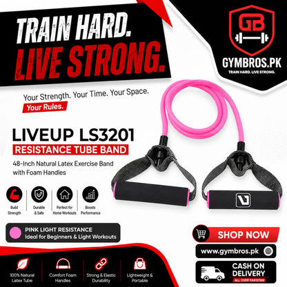 Liveup LS3201 Resistance Tube Band 48-Inch Natural Latex Exercise Band with Foam Handles | Light, Medium & Heavy Resistance for Strength Training, Home Workout & Fitness