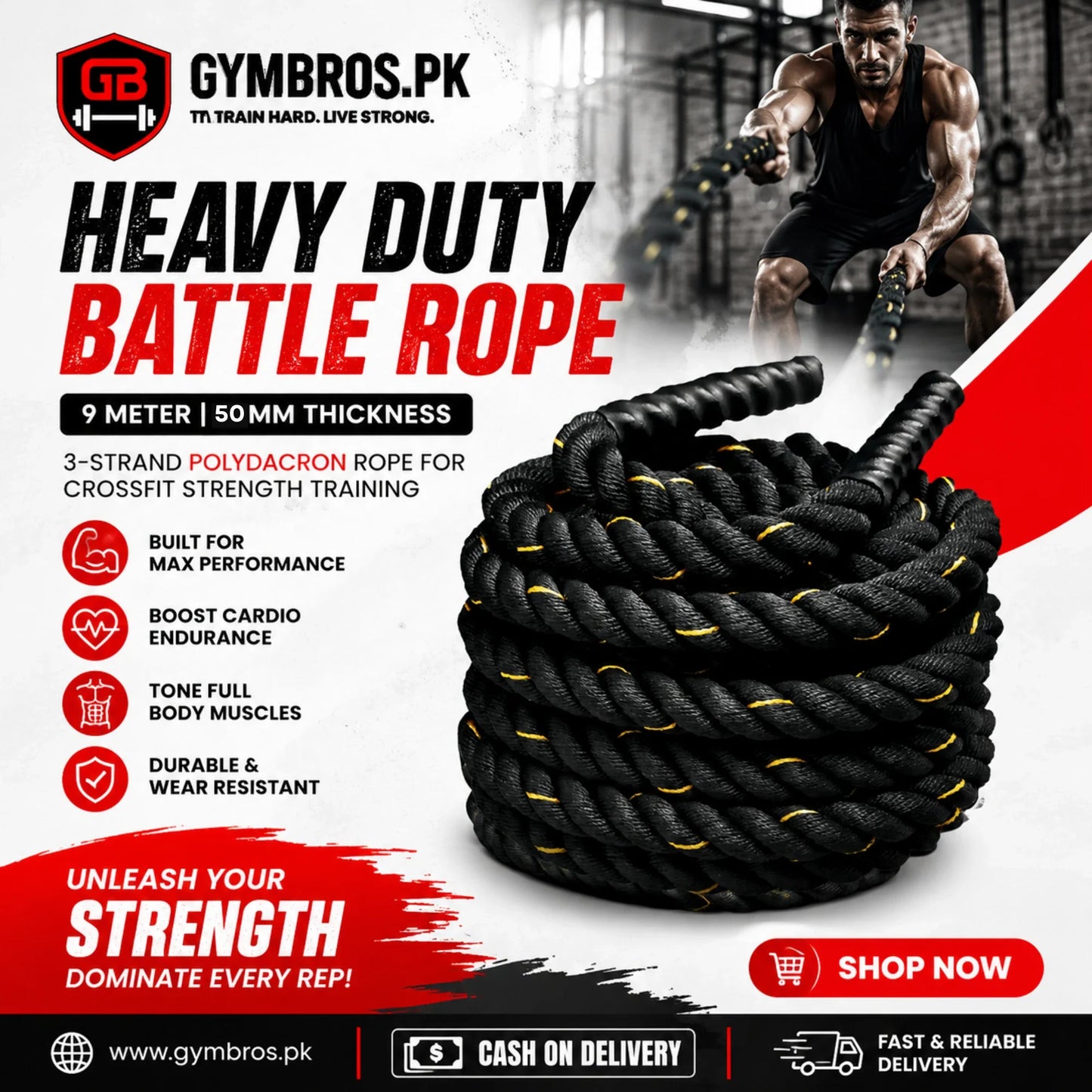 Heavy Duty Battle Rope 9 Meter & 12 Meter with 38MM & 50MM Thickness | 3-Strand PolyDacron CrossFit Strength Training Rope for Cardio & Full Body Workout