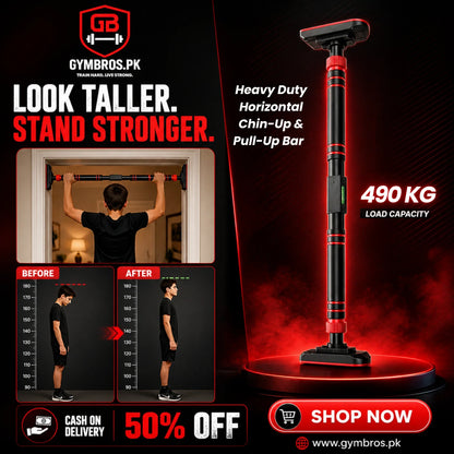 Heavy Duty Horizontal Chin-Up & Pull-Up Bar 94–129cm | 490KG Load Capacity, 3mm Stainless Steel Telescopic Doorway Workout Bar with Non-Slip Foam Grip & No-Drill Installation