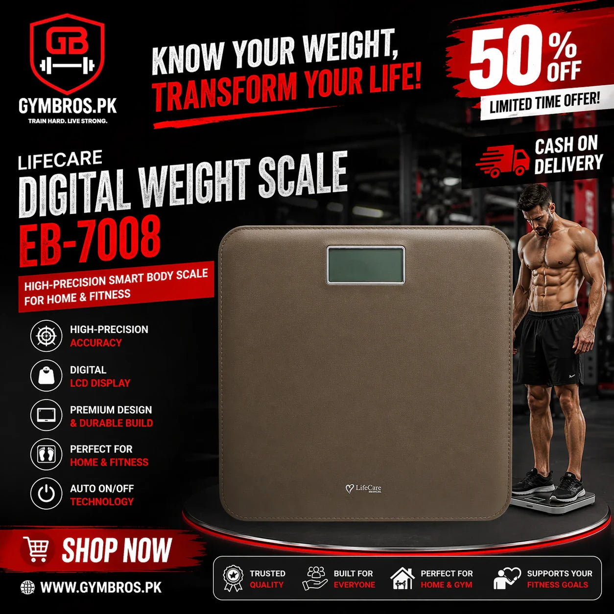 LifeCare Digital Weight Scale EB-7008 | High-Precision Body Weighing Machine with Leather Platform, 180kg Capacity, LCD Backlight Display & Smart Sensors