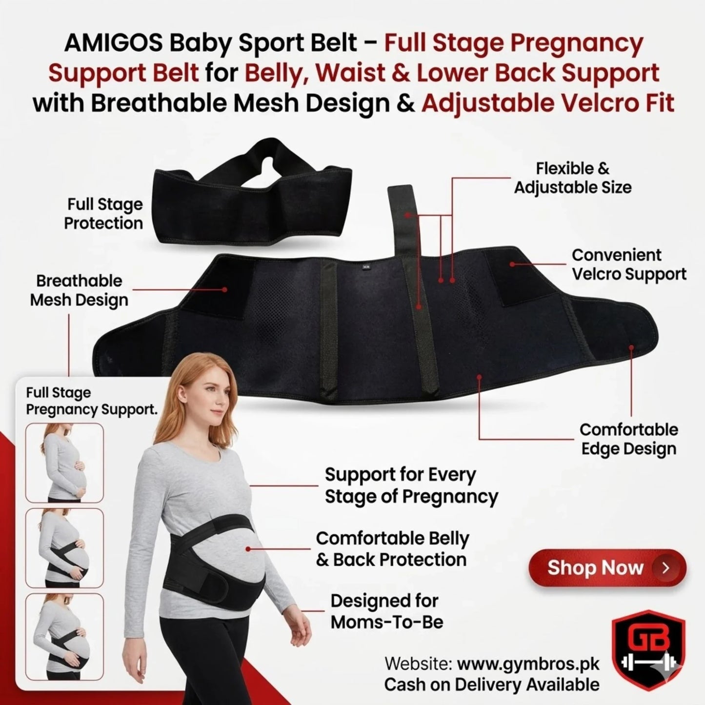 AMIGOS Baby Sport Belt – Pregnancy Maternity Support Belt for Pregnant Women | Adjustable Belly & Back Support Belt with Breathable Mesh & Velcro Straps