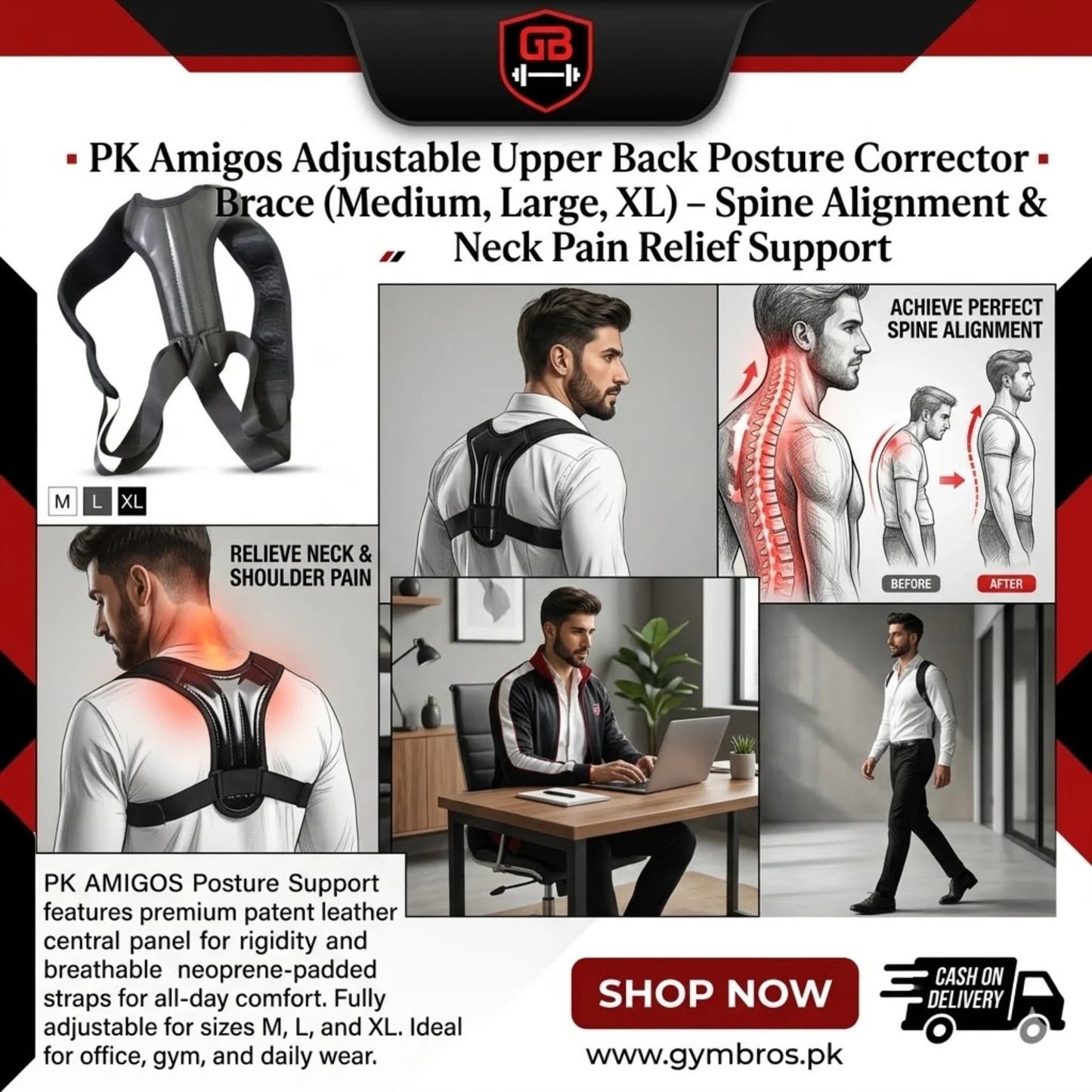 PK Amigos Adjustable Upper Back Posture Corrector Brace (Medium, Large, XL) – Spine Alignment & Neck Pain Relief Support