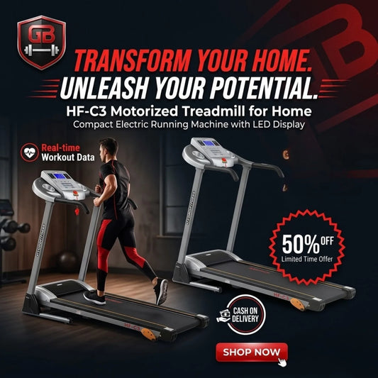 HF-C3 Motorized Treadmill for Home | 2.5HP Peak DC Motor, 1–10km/h Speed, Manual Incline, 5” LCD Display & Foldable Running Machine