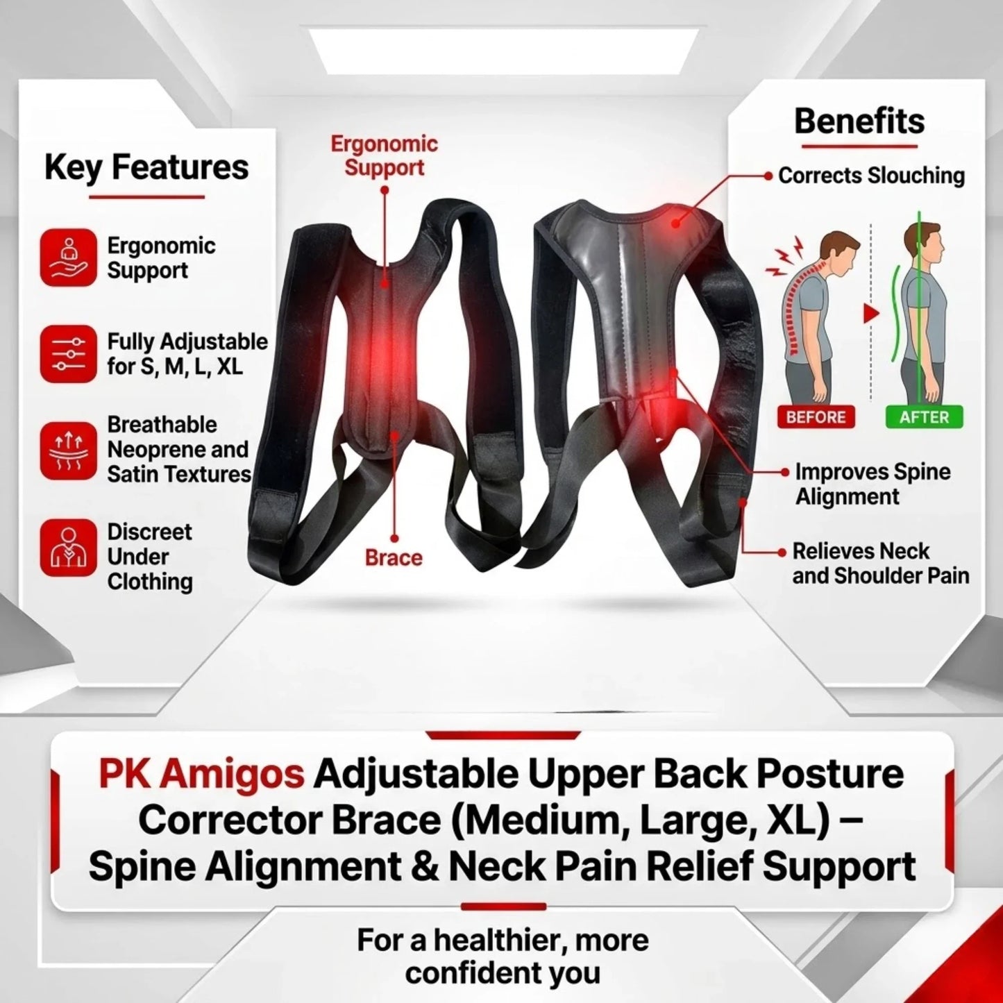 PK Amigos Adjustable Upper Back Posture Corrector Brace (Medium, Large, XL) – Spine Alignment & Neck Pain Relief Support