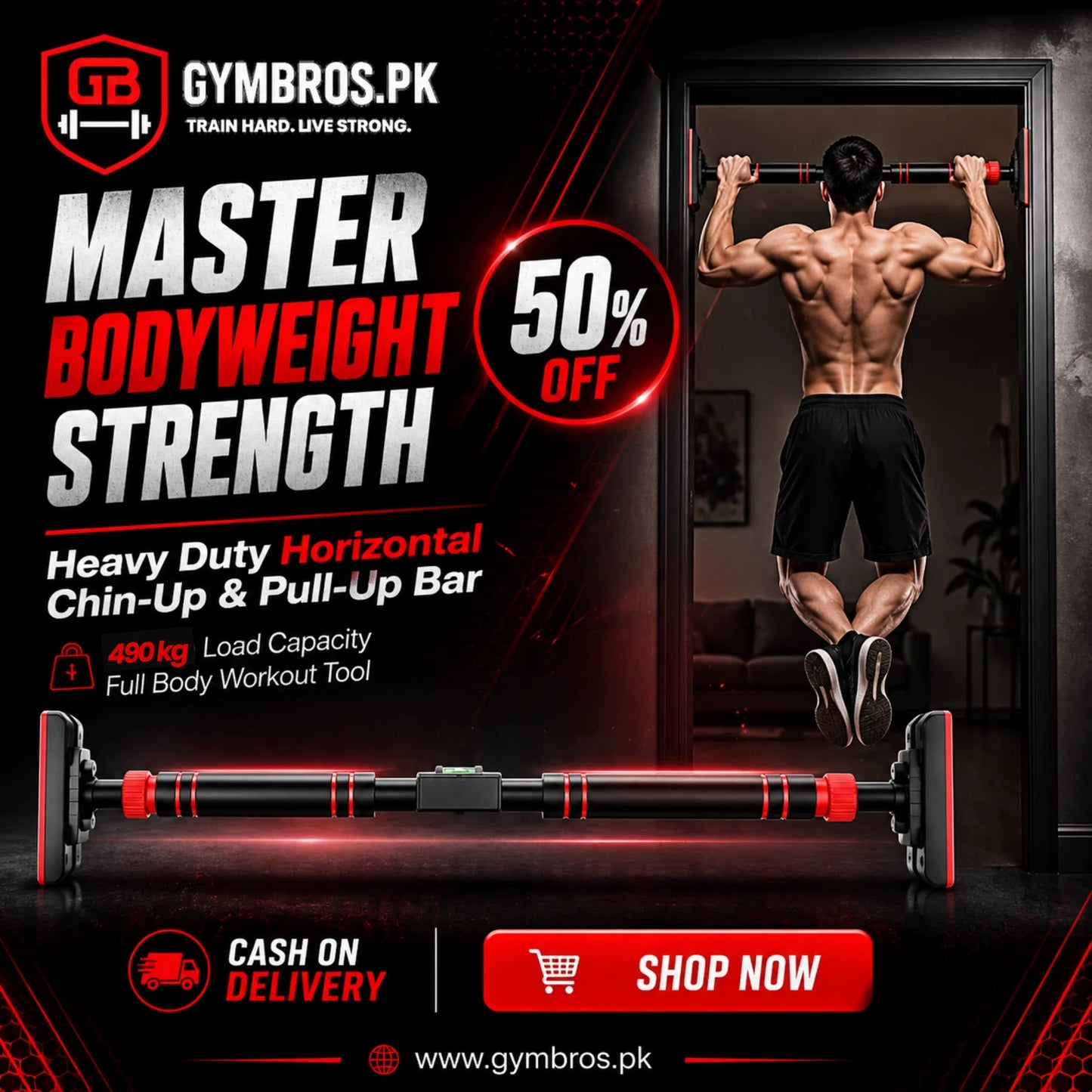 Heavy Duty Horizontal Chin-Up & Pull-Up Bar 94–129cm | 490KG Load Capacity, 3mm Stainless Steel Telescopic Doorway Workout Bar with Non-Slip Foam Grip & No-Drill Installation