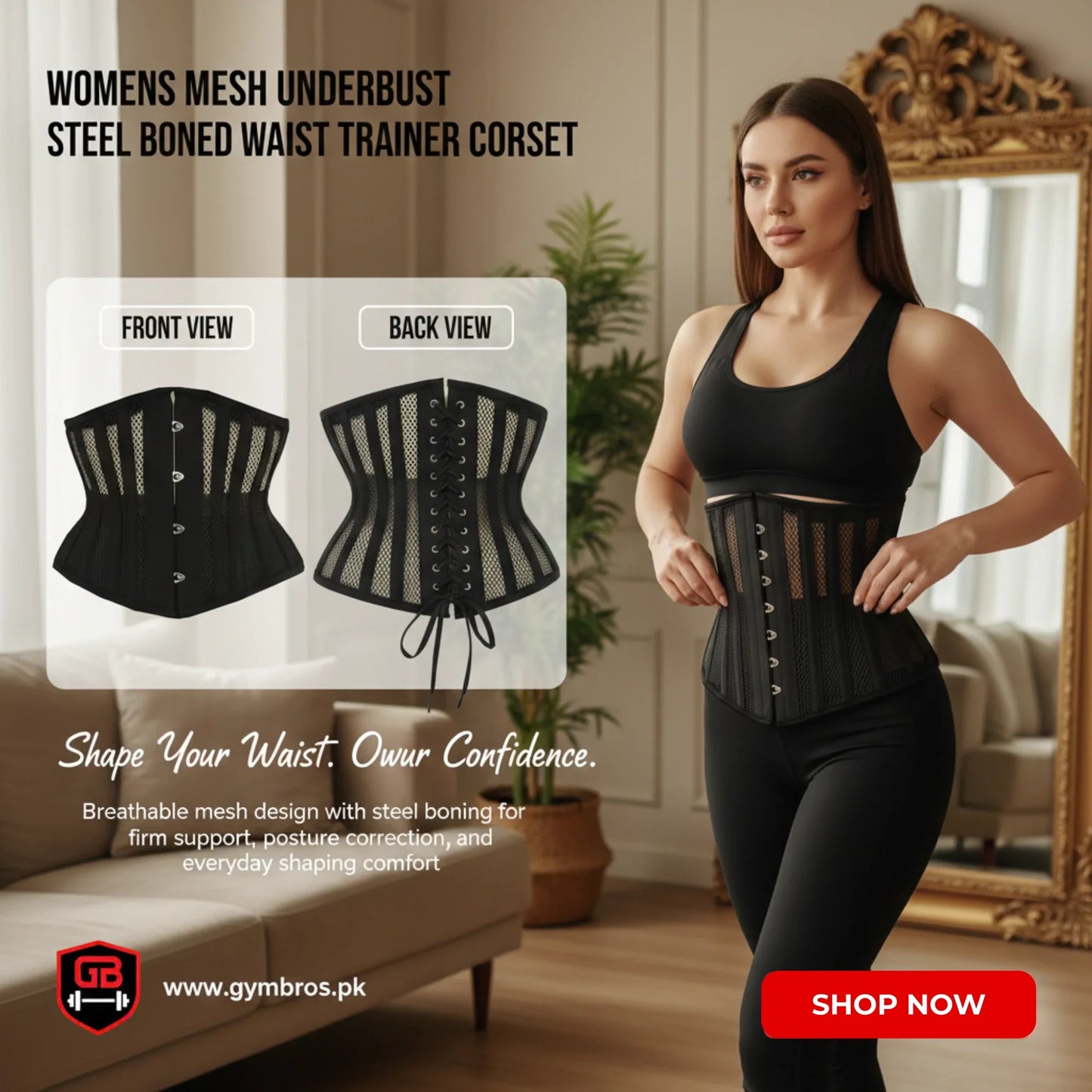 Mesh Underbust Steel Bone Corset | Breathable Waist & Core Stabilizer for Gym & Fitness