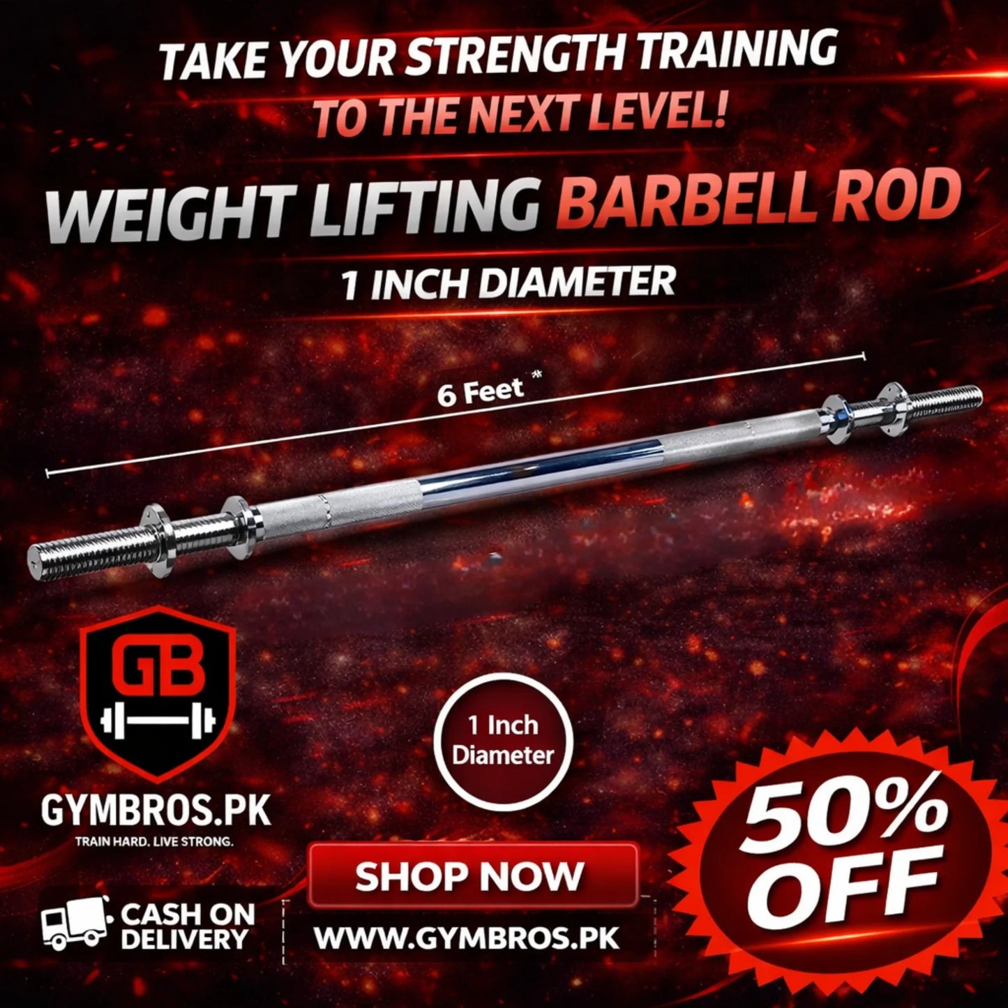 Iron Steel Barbell Rod (3ft, 4ft, 5ft, 6ft) | 1-Inch Chrome Finish Solid Weight Lifting Bar with Diamond Knurled Grip, Spinlock Collars for Home & Gym