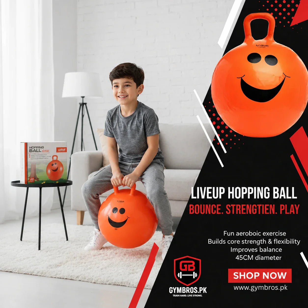 Liveup Hopping Ball LS3220 | 45cm Kids Space Hopper Jumping Exercise Ball with Handle for Balance, Fitness & Active Play